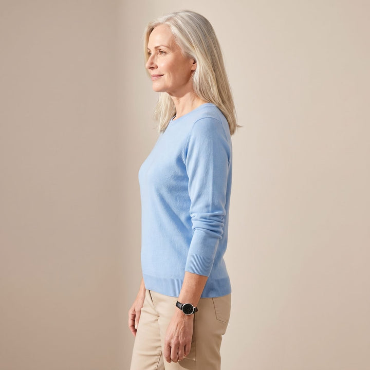 Damen Strickpullover mit Rundhals Langarm weicher Wollmix - Hellblau