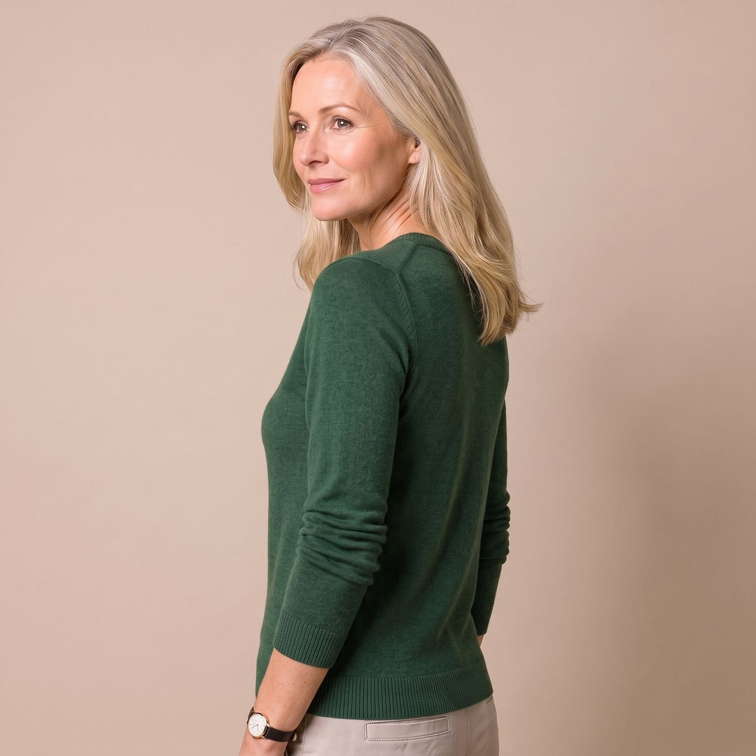 Damen Strickpullover mit Rundhals Langarm weicher Wollmix - Dunkelgrün