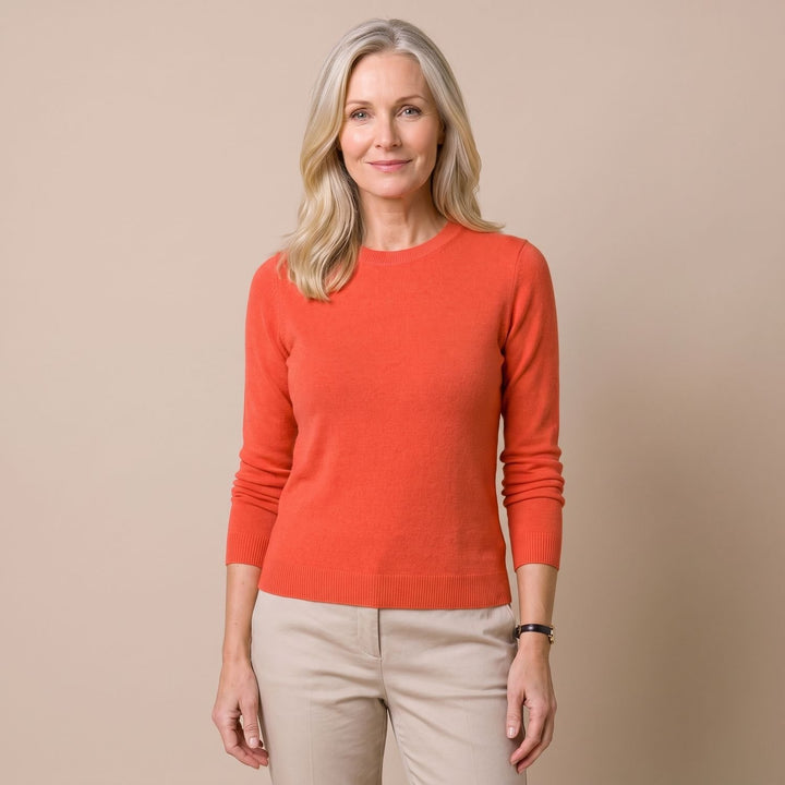 Damen Strickpullover mit Rundhals Langarm weicher Wollmix - Orange