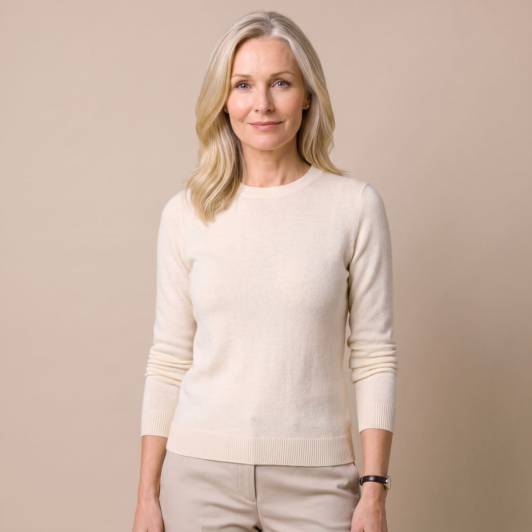 Damen Strickpullover mit Rundhals Langarm weicher Wollmix - Beige