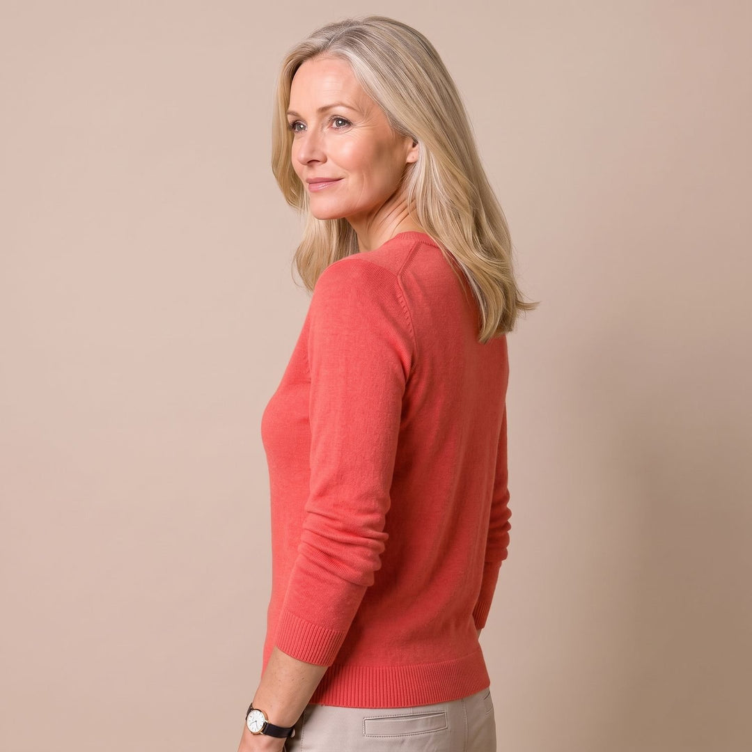 Damen Strickpullover mit Rundhals Langarm weicher Wollmix - Rot
