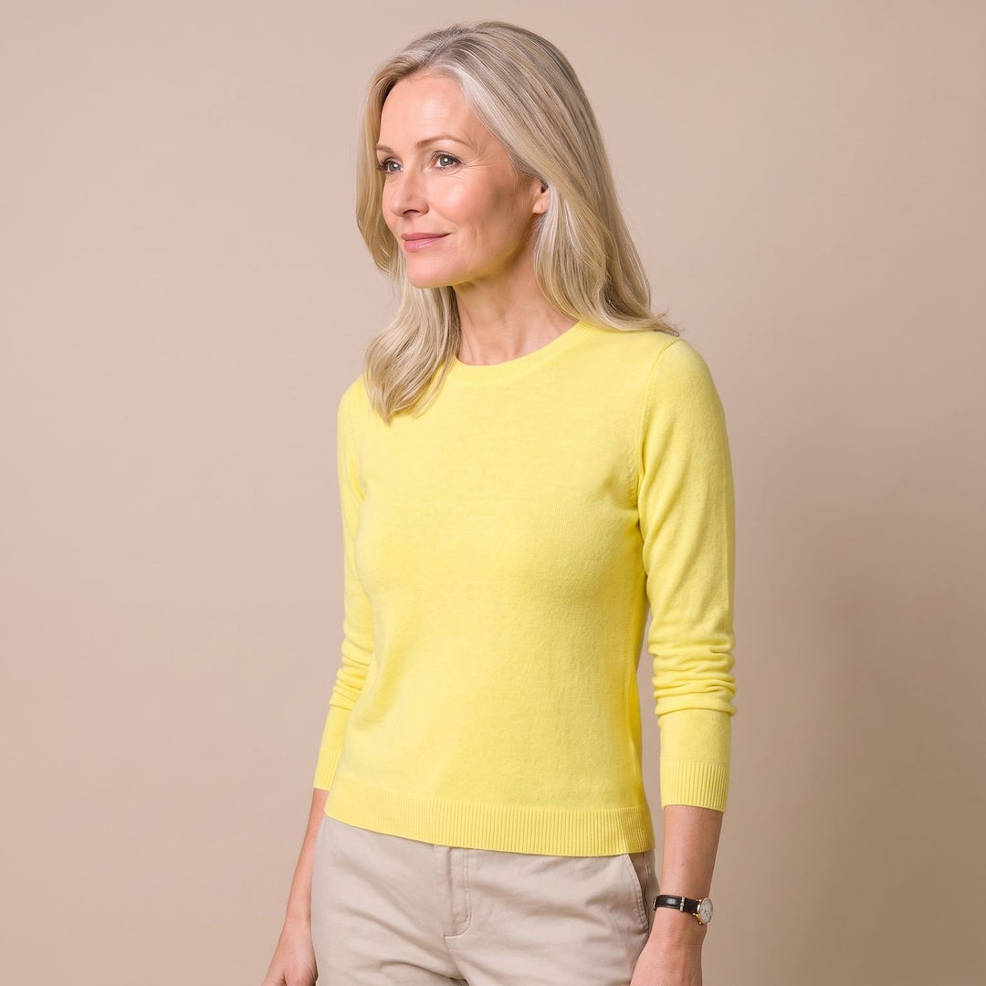 Damen Strickpullover mit Rundhals Langarm weicher Wollmix - Gelb