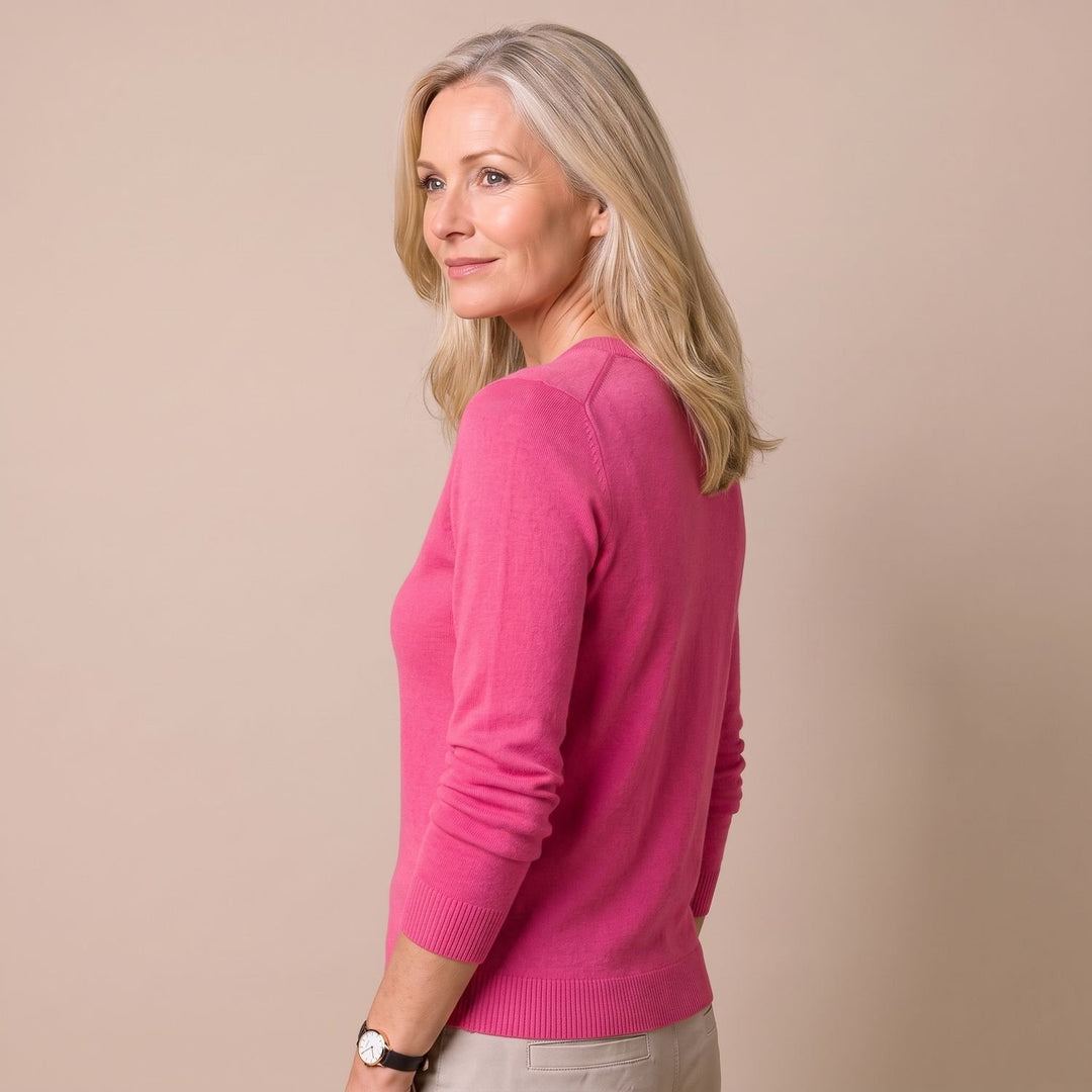 Damen Strickpullover mit Rundhals Langarm weicher Wollmix - Rosenrot