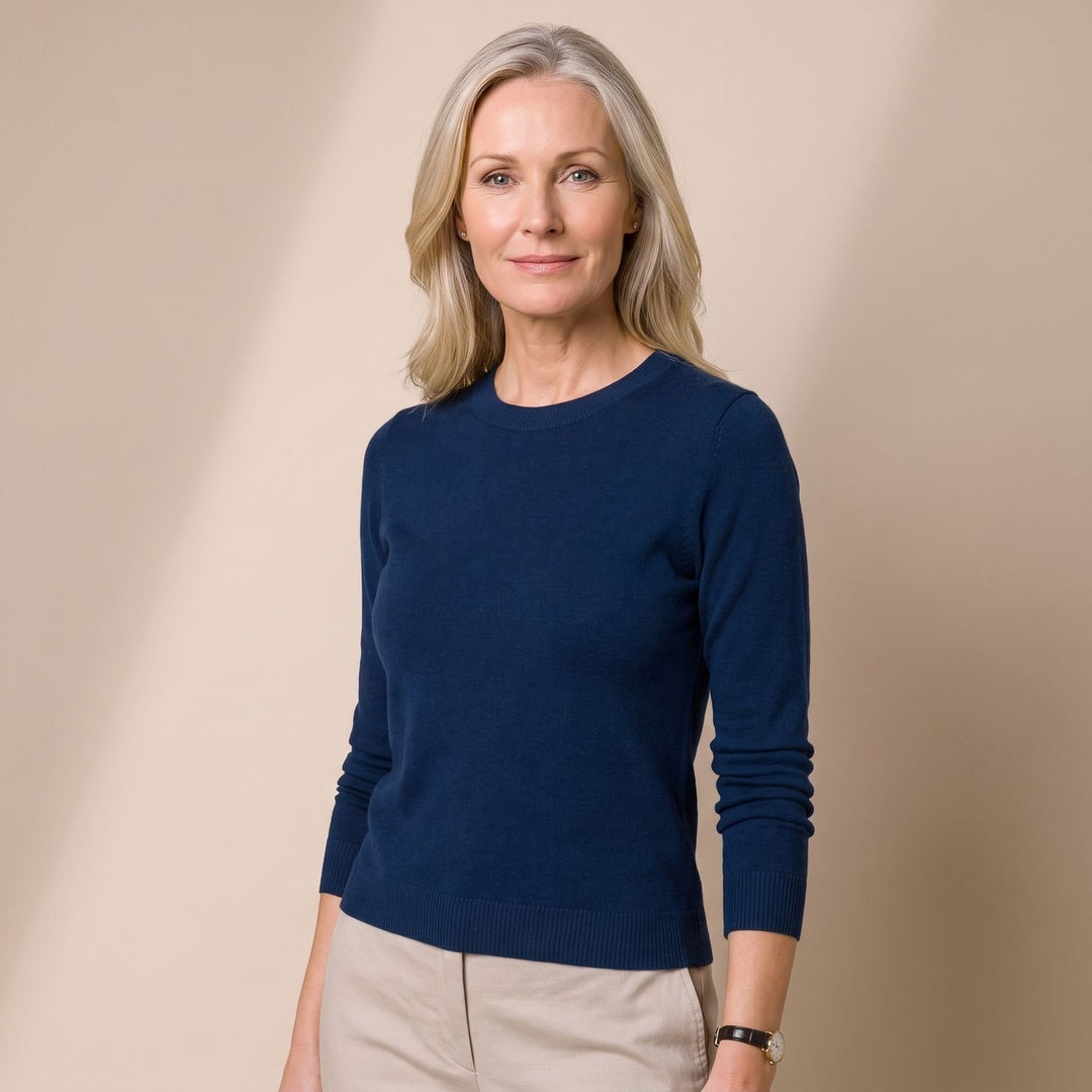 Damen Strickpullover mit Rundhals Langarm weicher Wollmix - Marineblau