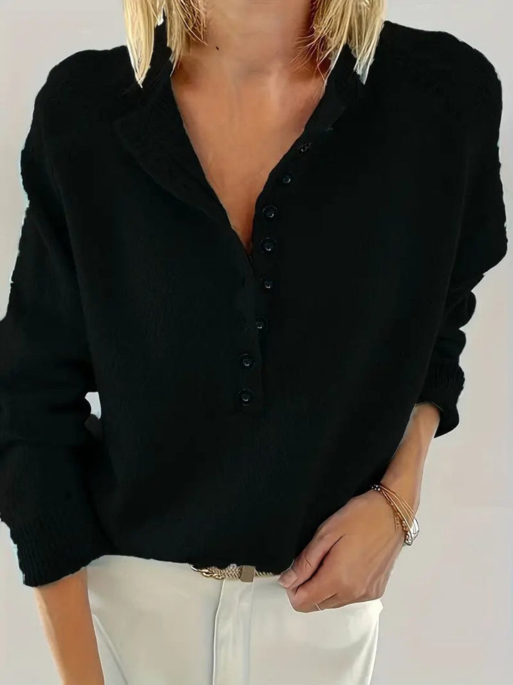 Damen Strickpullover mit V-Ausschnitt und halber Knopfleiste - Schwarz