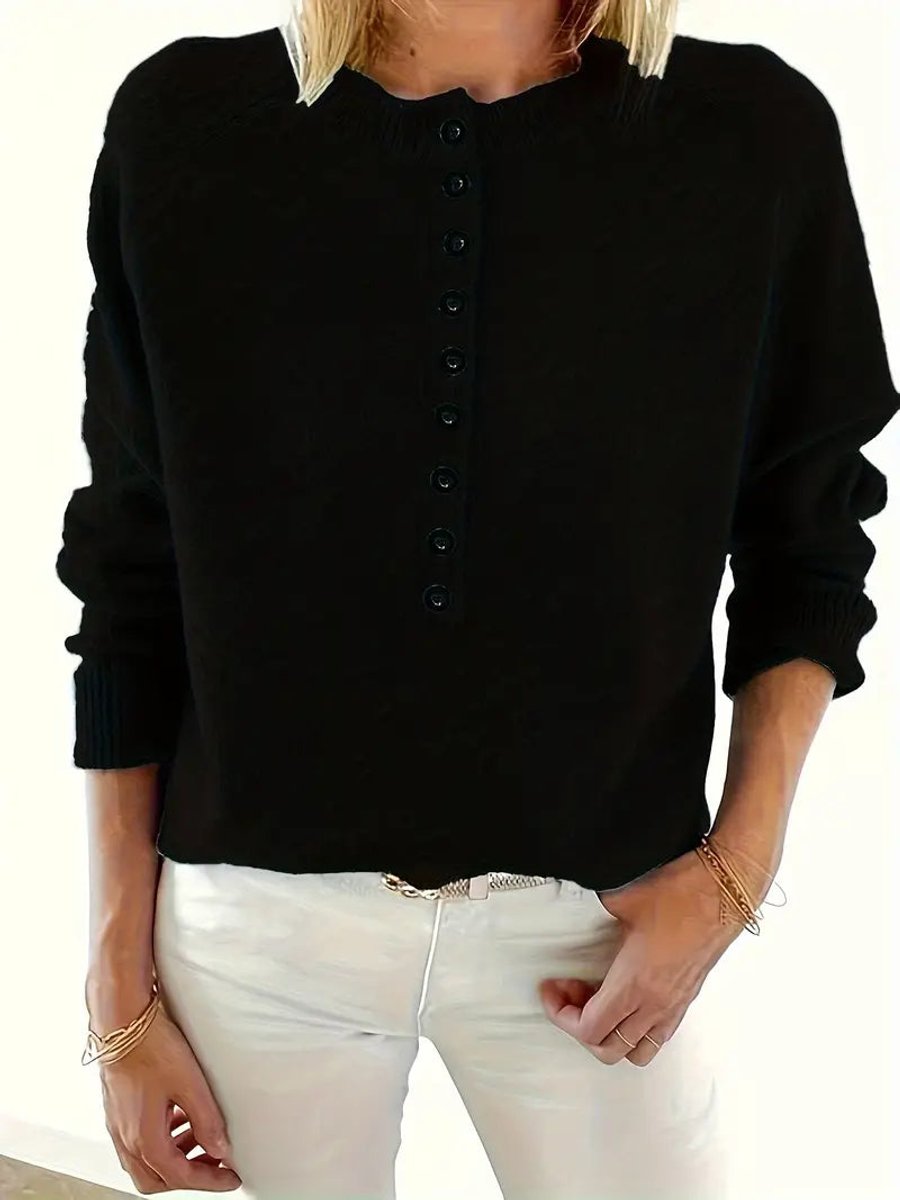 Damen Strickpullover mit V-Ausschnitt und halber Knopfleiste