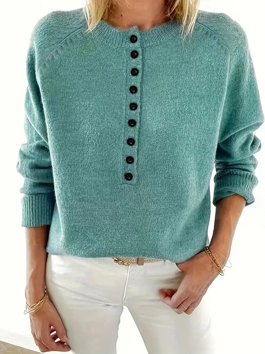 Damen Strickpullover mit V-Ausschnitt und halber Knopfleiste