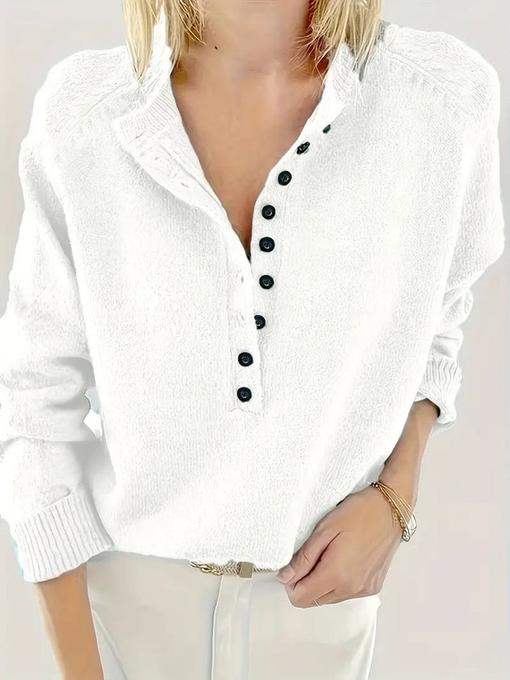 Damen Strickpullover mit V-Ausschnitt und halber Knopfleiste - Weiß