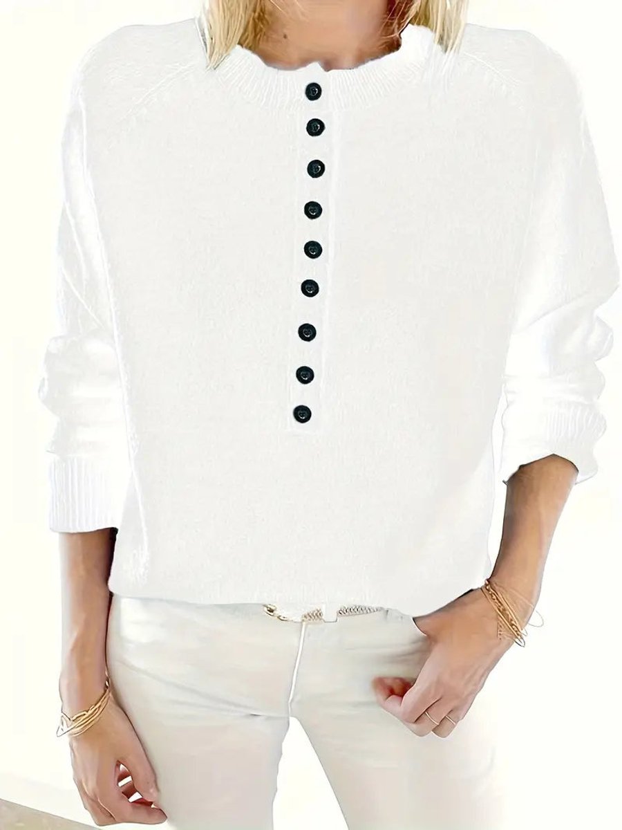 Damen Strickpullover mit V-Ausschnitt und halber Knopfleiste