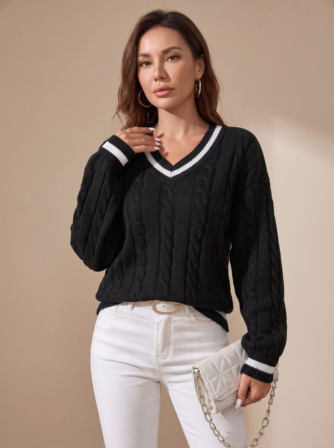 Damen Strickpullover mit Zopfmuster V-Ausschnitt Kontraststreifen - Schwarz