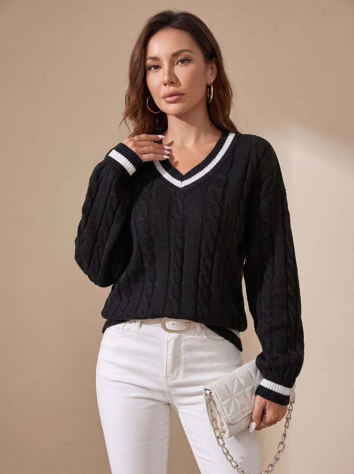 Damen Strickpullover mit Zopfmuster V-Ausschnitt Kontraststreifen - Schwarz