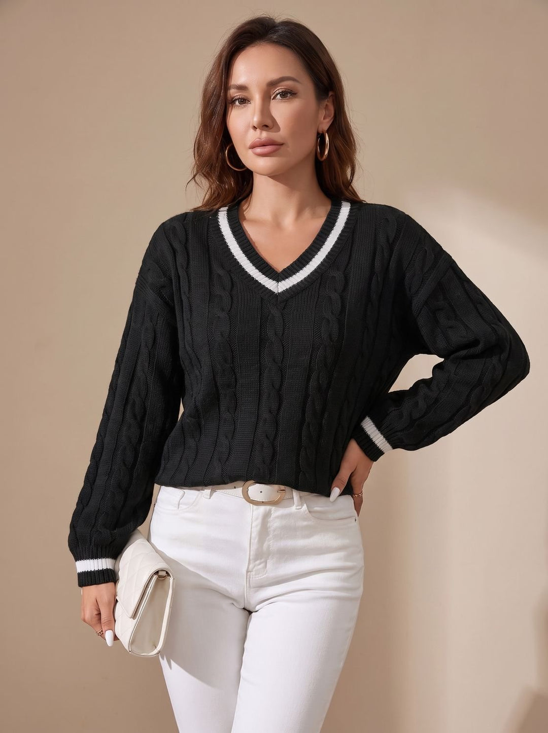 Damen Strickpullover mit Zopfmuster V-Ausschnitt Kontraststreifen