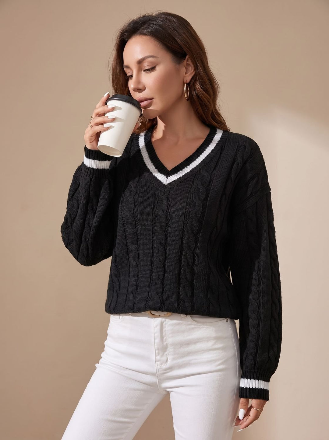 Damen Strickpullover mit Zopfmuster V-Ausschnitt Kontraststreifen