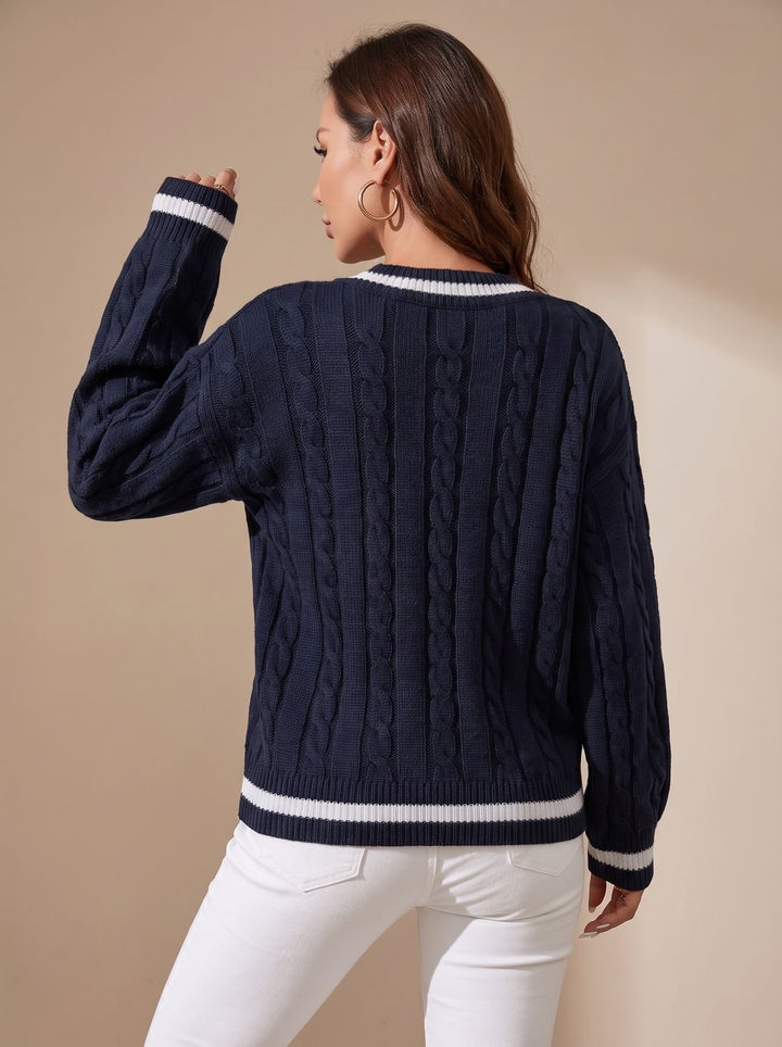 Damen Strickpullover mit Zopfmuster V-Ausschnitt Kontraststreifen