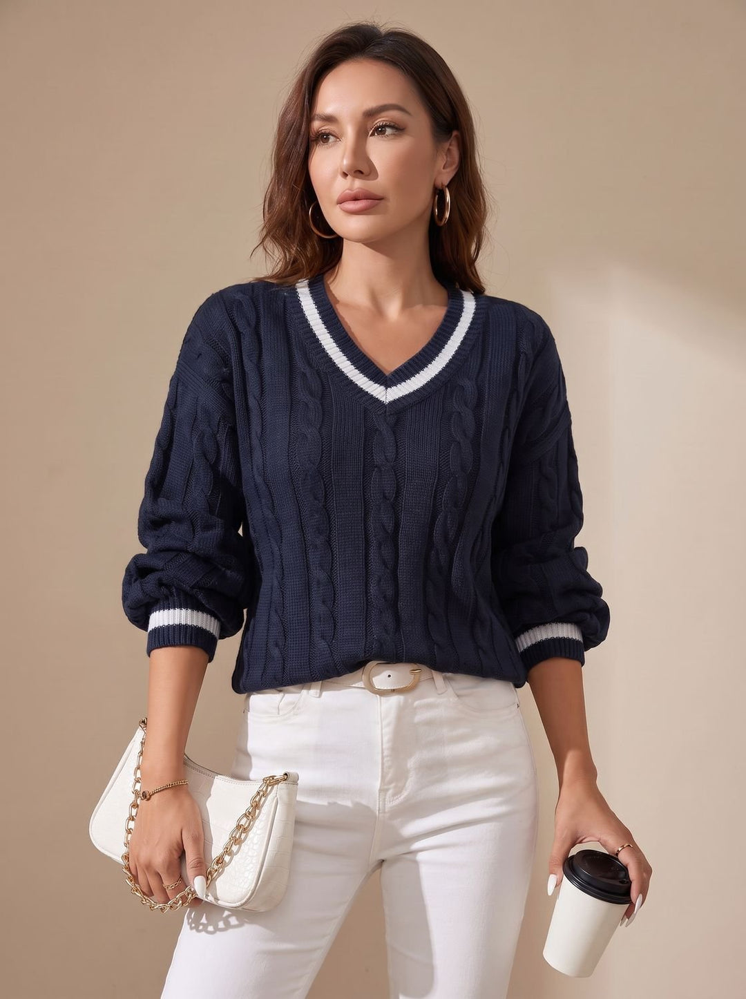 Damen Strickpullover mit Zopfmuster V-Ausschnitt Kontraststreifen