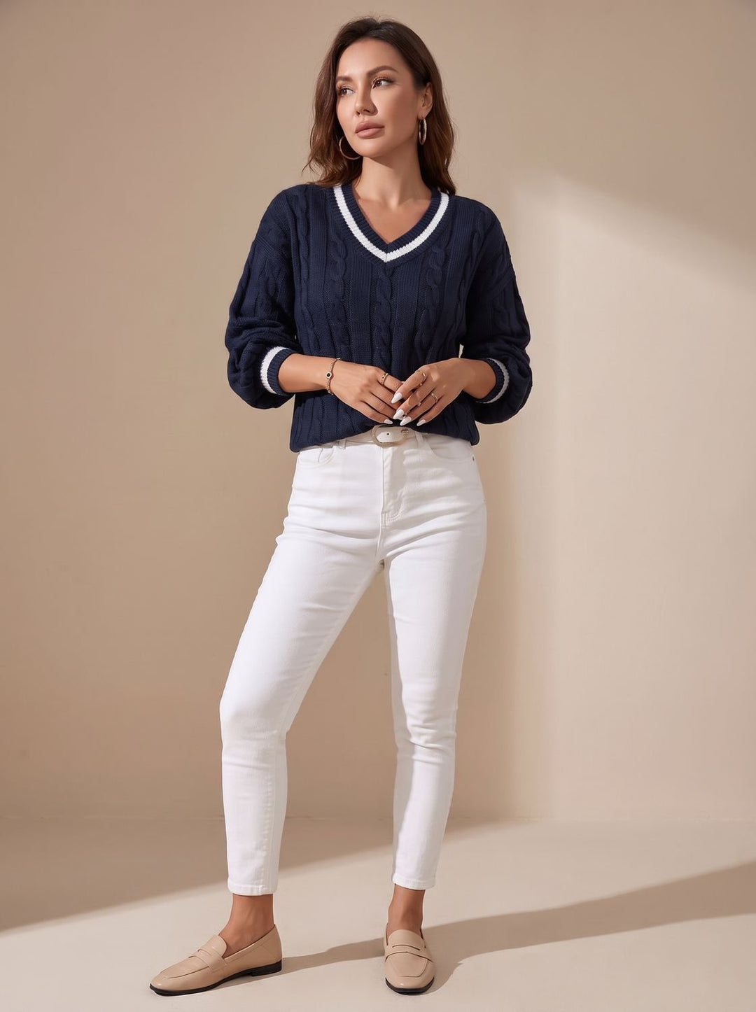 Damen Strickpullover mit Zopfmuster V-Ausschnitt Kontraststreifen - Marineblau