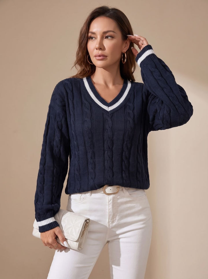 Damen Strickpullover mit Zopfmuster V-Ausschnitt Kontraststreifen