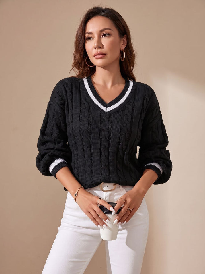 Damen Strickpullover mit Zopfmuster V-Ausschnitt Kontraststreifen