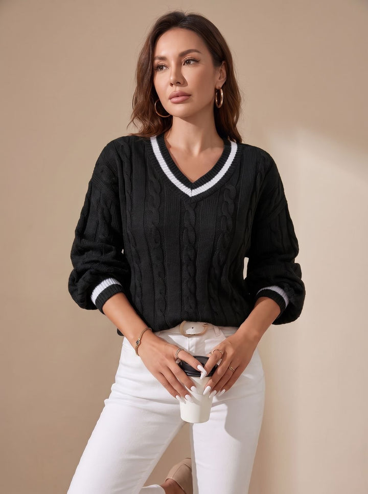 Damen Strickpullover mit Zopfmuster V-Ausschnitt Kontraststreifen