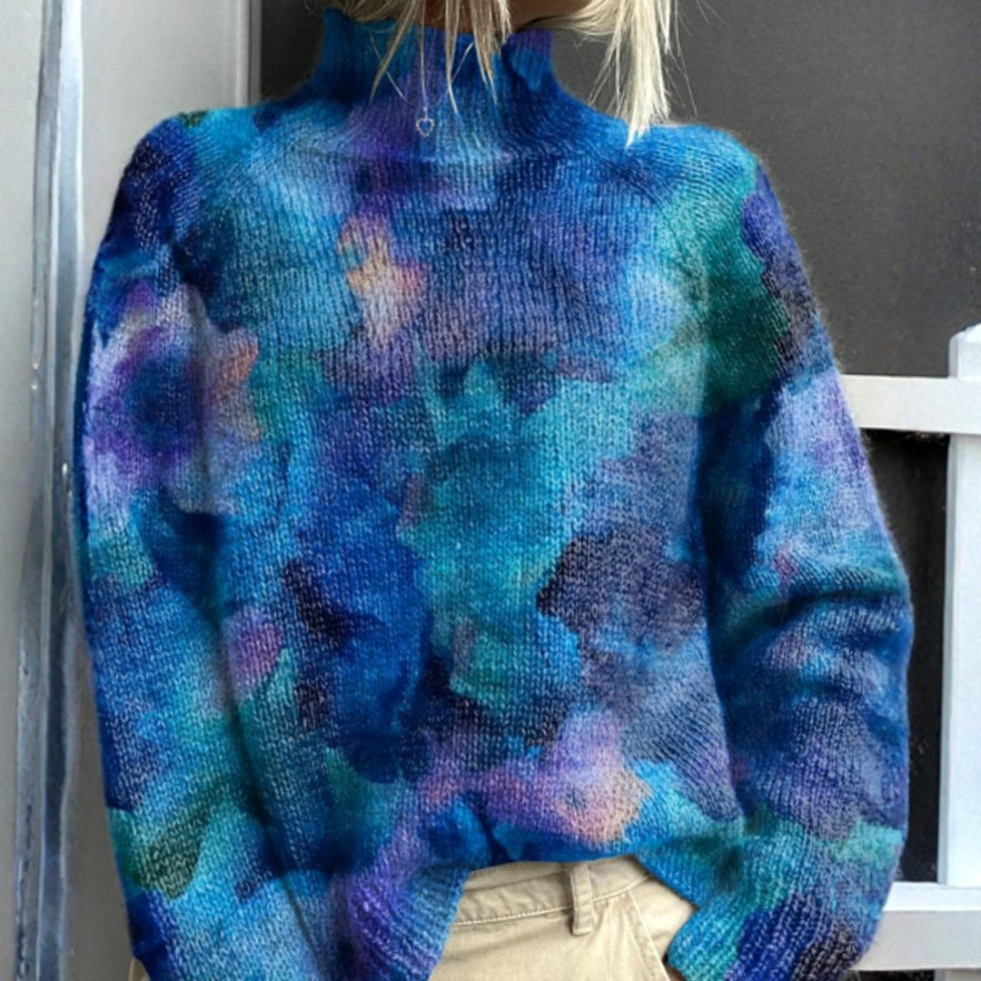Damen Strickpullover Rollkragen Tie-Dye Relaxed-Fit Langarmshirt - Mehrfarbig