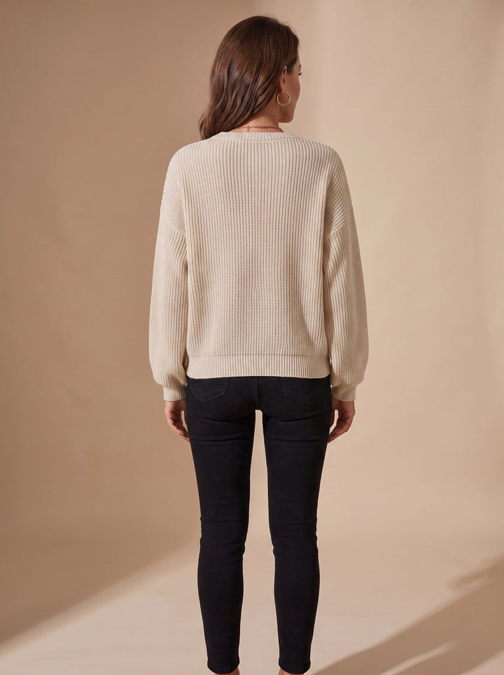 Damen Strickpullover Rundhals Strukturmuster Langarm