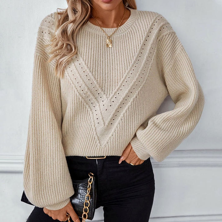 Damen Strickpullover Rundhals Strukturmuster Langarm
