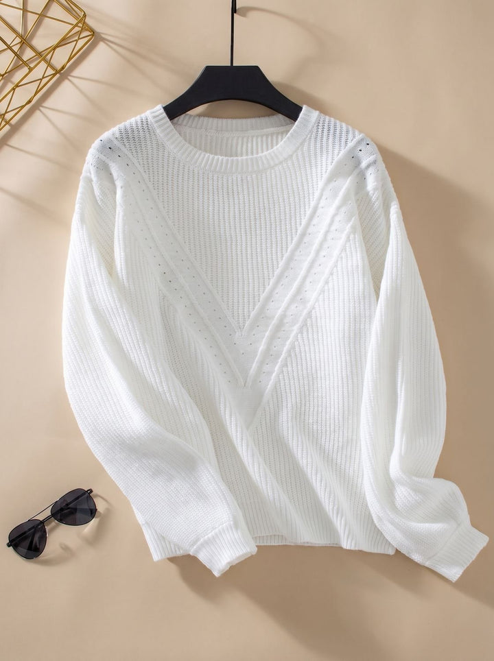 Damen Strickpullover Rundhals Strukturmuster Langarm - Weiß