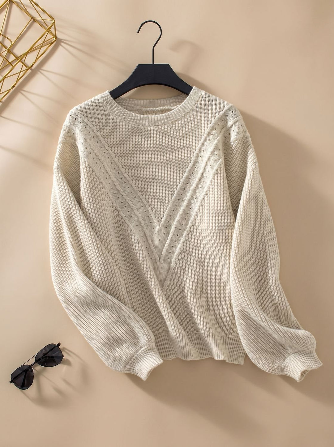 Damen Strickpullover Rundhals Strukturmuster Langarm - Aprikose