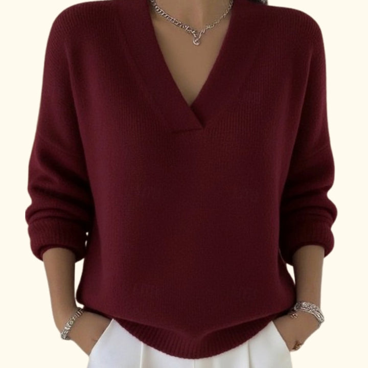 Damen Strickpullover V-Ausschnitt Lockerer Schnitt Langarm - Rot