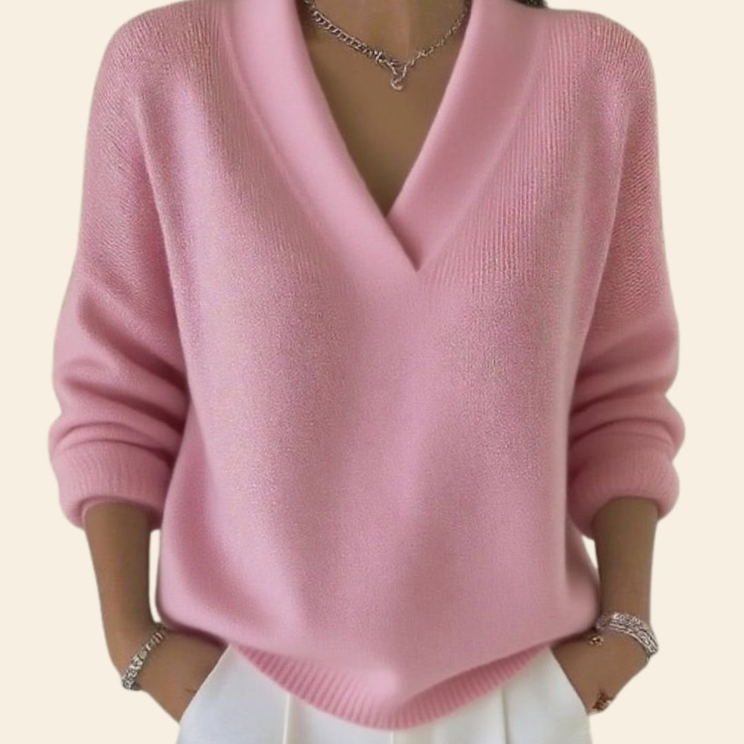 Damen Strickpullover V-Ausschnitt Lockerer Schnitt Langarm - Rosa