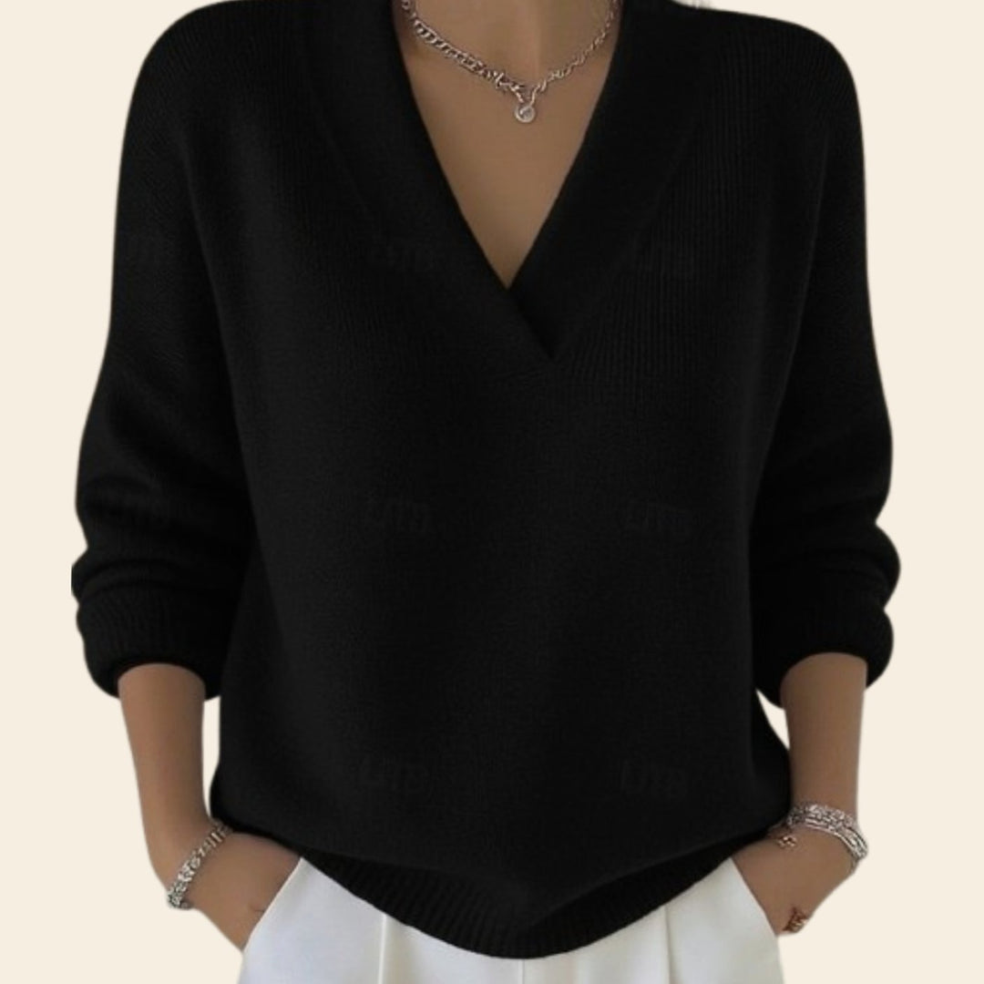Damen Strickpullover V-Ausschnitt Lockerer Schnitt Langarm - Schwarz