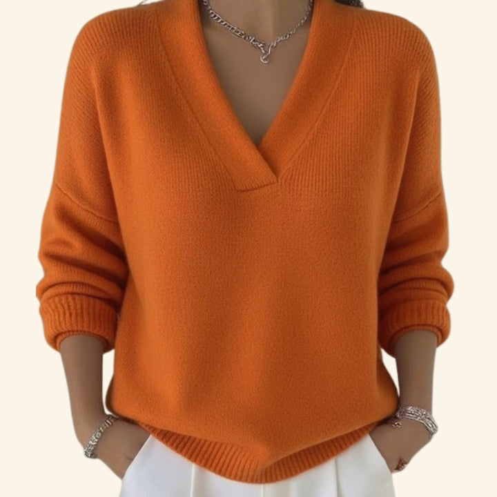 Damen Strickpullover V-Ausschnitt Lockerer Schnitt Langarm - Orange