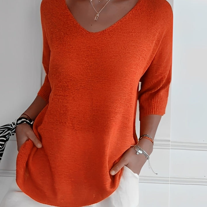 Damen Strickpullover V-Ausschnitt Longschnitt 3/4-Arm Seitentaschen - Rot