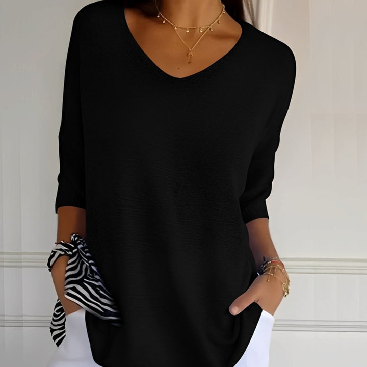 Damen Strickpullover V-Ausschnitt Longschnitt 3/4-Arm Seitentaschen - Schwarz
