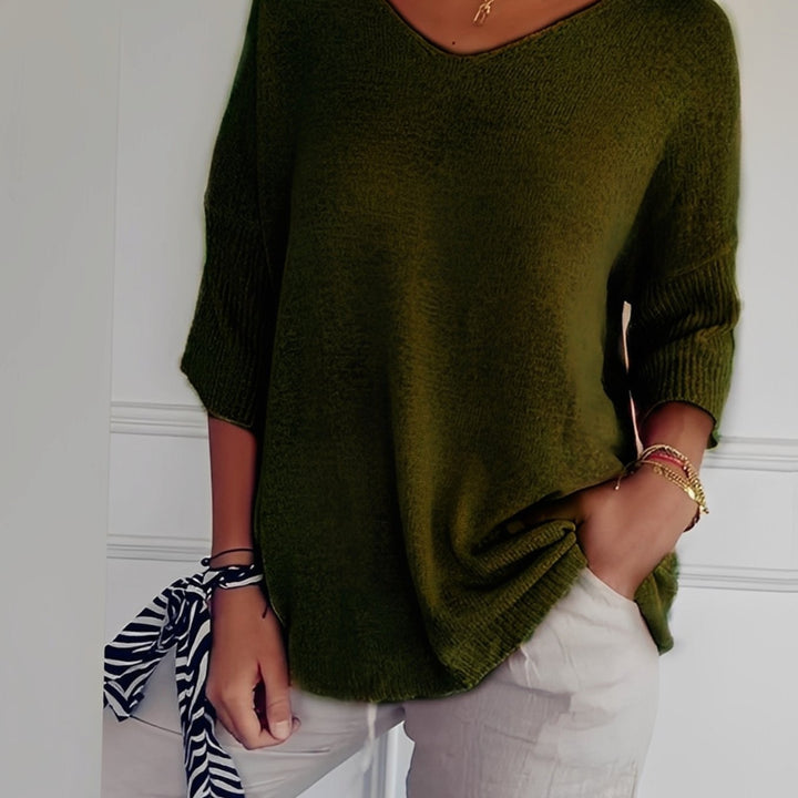 Damen Strickpullover V-Ausschnitt Longschnitt 3/4-Arm Seitentaschen - Dunkelgrün