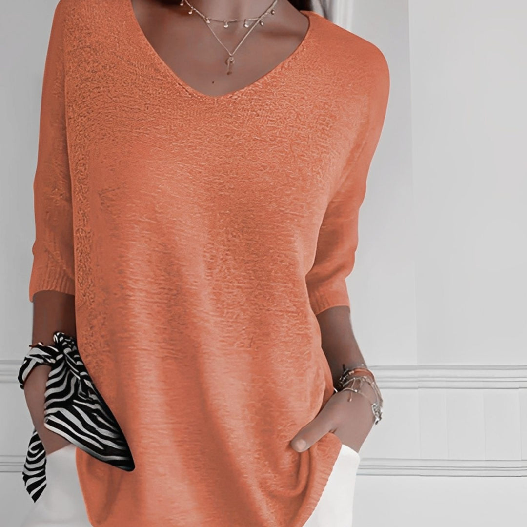 Damen Strickpullover V-Ausschnitt Longschnitt 3/4-Arm Seitentaschen - Rosa