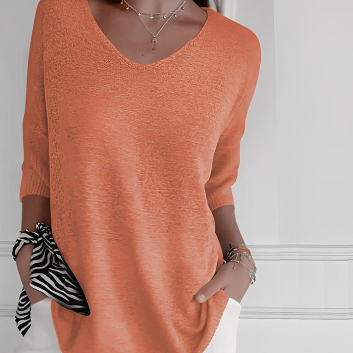Damen Strickpullover V-Ausschnitt Longschnitt 3/4-Arm Seitentaschen - Rosa