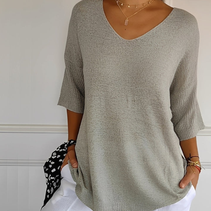 Damen Strickpullover V-Ausschnitt Longschnitt 3/4-Arm Seitentaschen - Grau