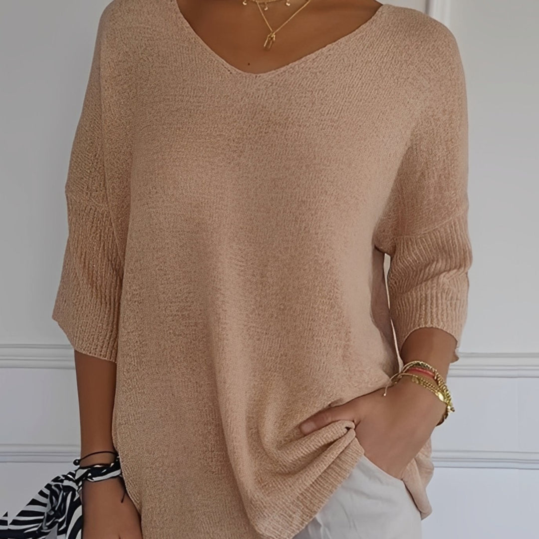 Damen Strickpullover V-Ausschnitt Longschnitt 3/4-Arm Seitentaschen - Khaki