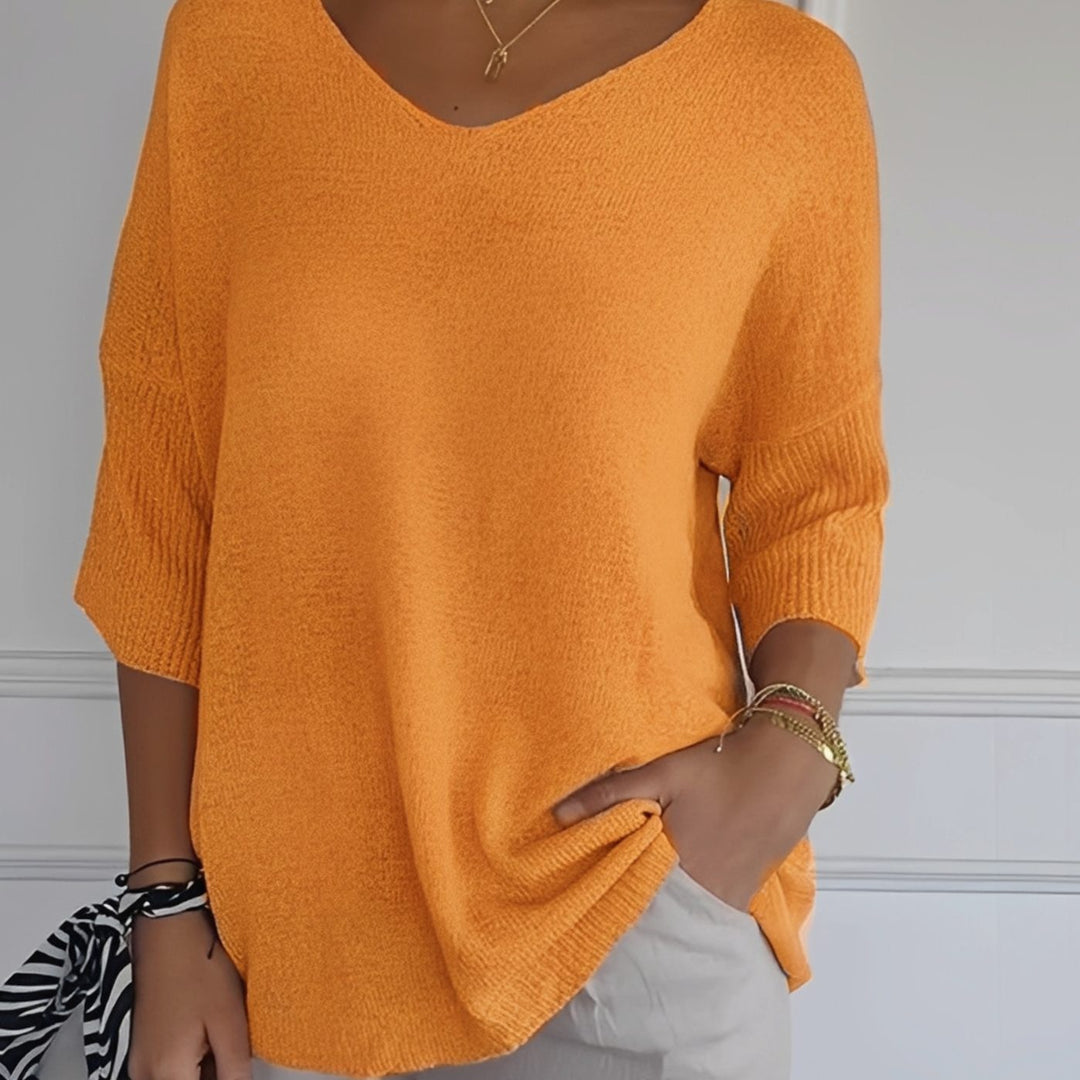 Damen Strickpullover V-Ausschnitt Longschnitt 3/4-Arm Seitentaschen - Orange
