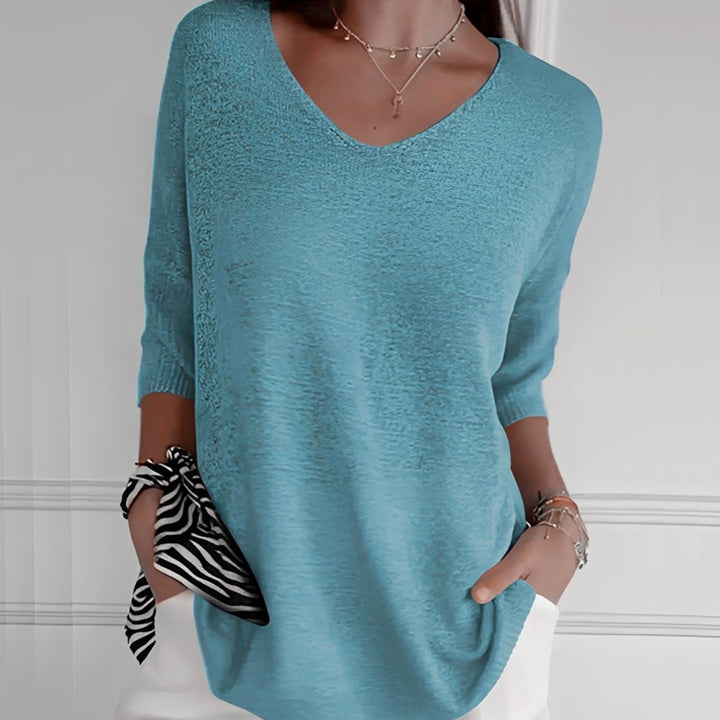 Damen Strickpullover V-Ausschnitt Longschnitt 3/4-Arm Seitentaschen - Hellblau