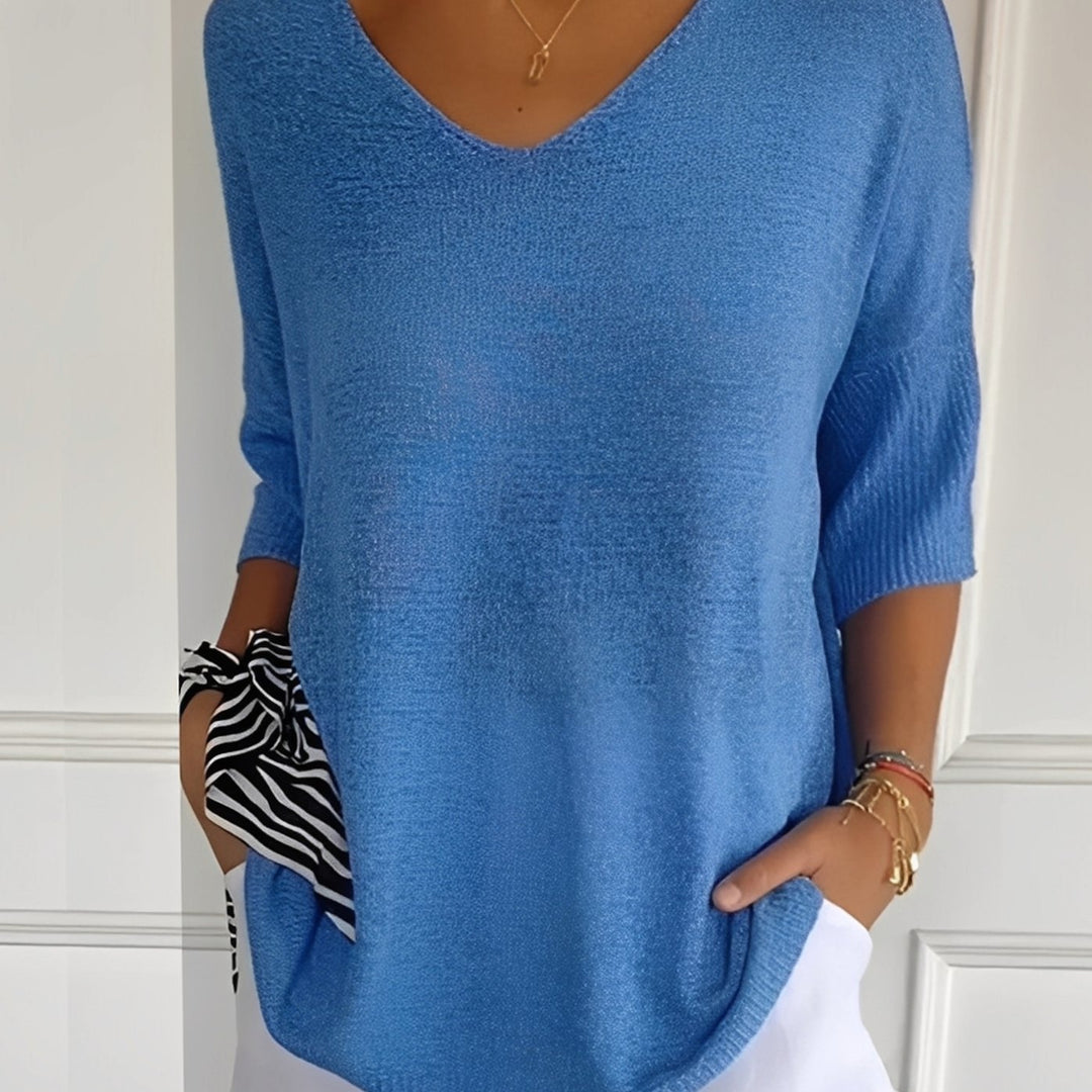 Damen Strickpullover V-Ausschnitt Longschnitt 3/4-Arm Seitentaschen - Blau