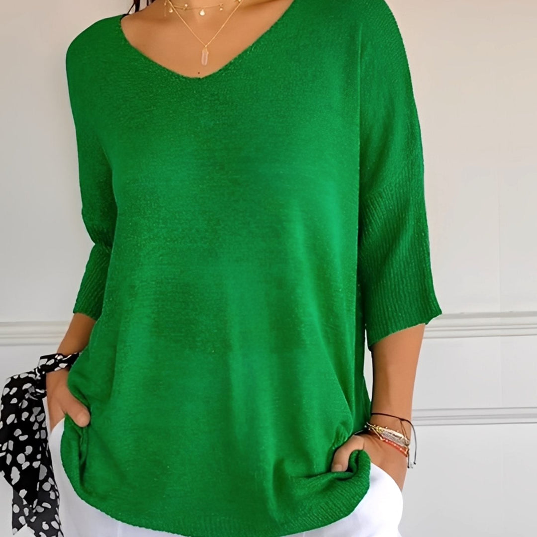 Damen Strickpullover V-Ausschnitt Longschnitt 3/4-Arm Seitentaschen - Grün