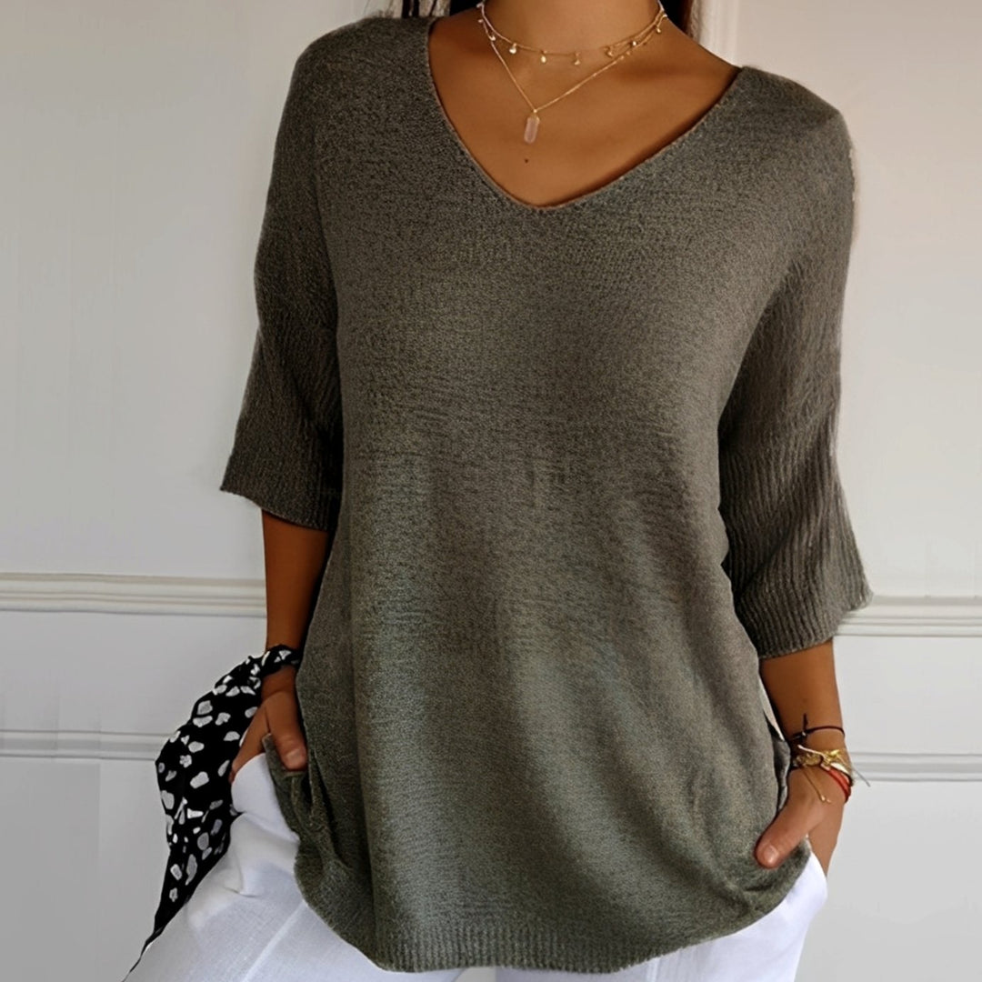 Damen Strickpullover V-Ausschnitt Longschnitt 3/4-Arm Seitentaschen - Dunkelgrau
