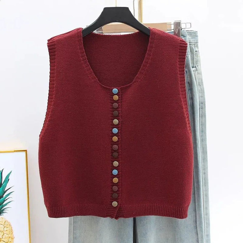 Damen Strickweste Ärmelloser Pullover Weste Bunte Knöpfe - Bordeauxrot