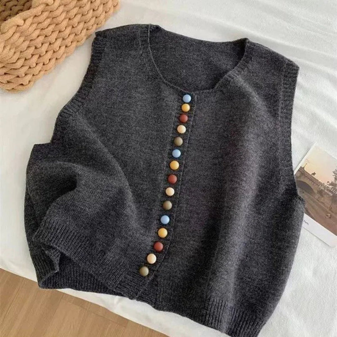 Damen Strickweste Ärmelloser Pullover Weste Bunte Knöpfe - Grau