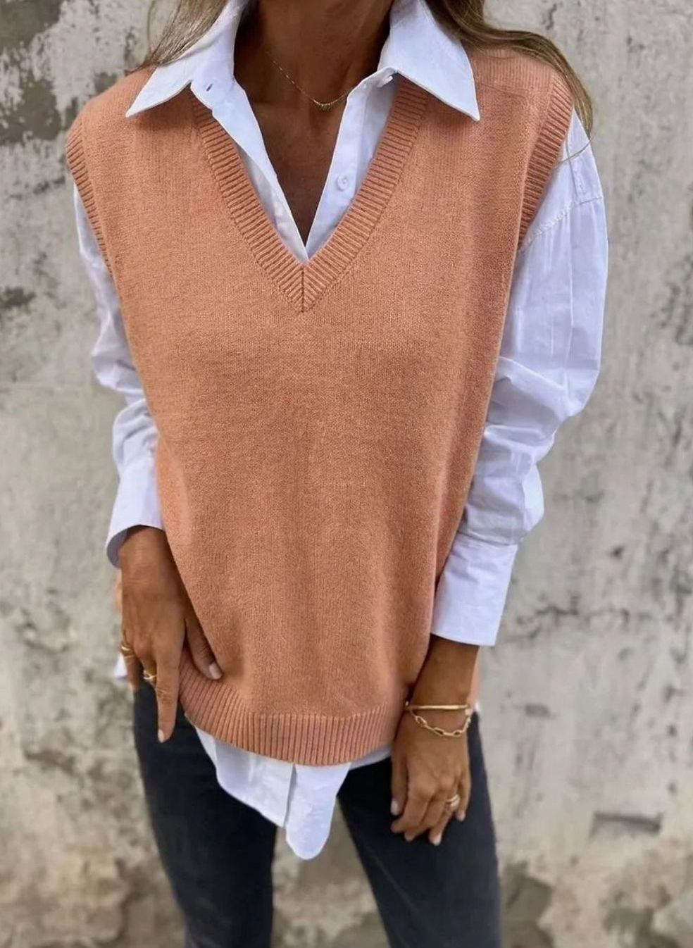 Damen Strickweste V-Ausschnitt Ärmelloser Oversized Strickpullunder - Braun