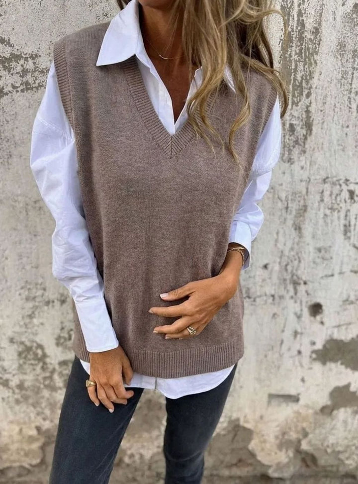 Damen Strickweste V-Ausschnitt Ärmelloser Oversized Strickpullunder - Grau-Braun