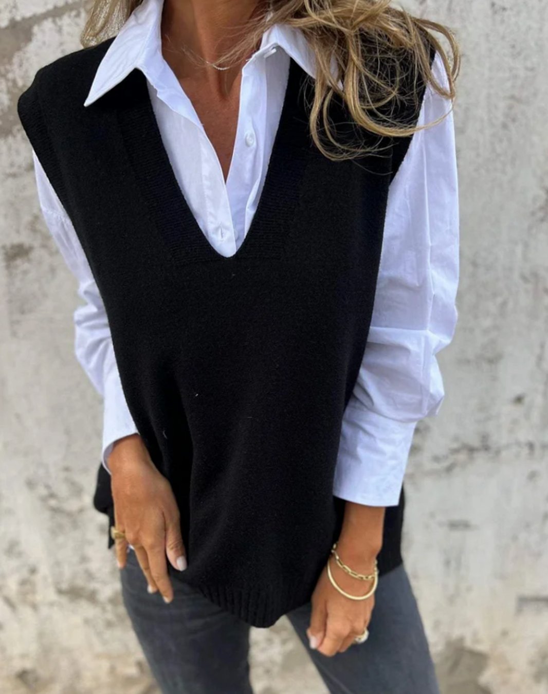 Damen Strickweste V-Ausschnitt Ärmelloser Oversized Strickpullunder - Schwarz