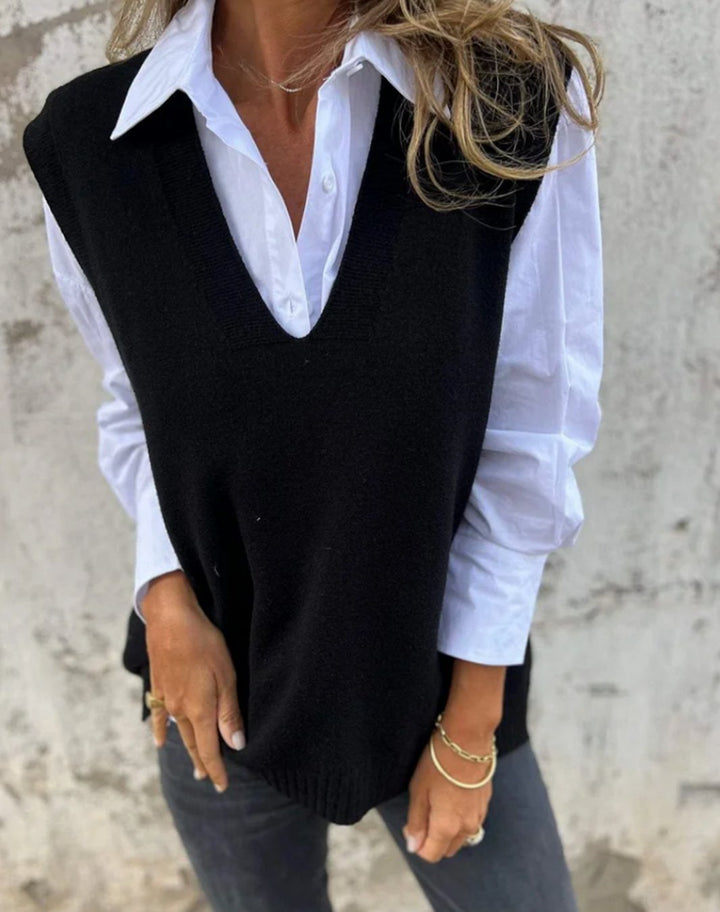 Damen Strickweste V-Ausschnitt Ärmelloser Oversized Strickpullunder - Schwarz